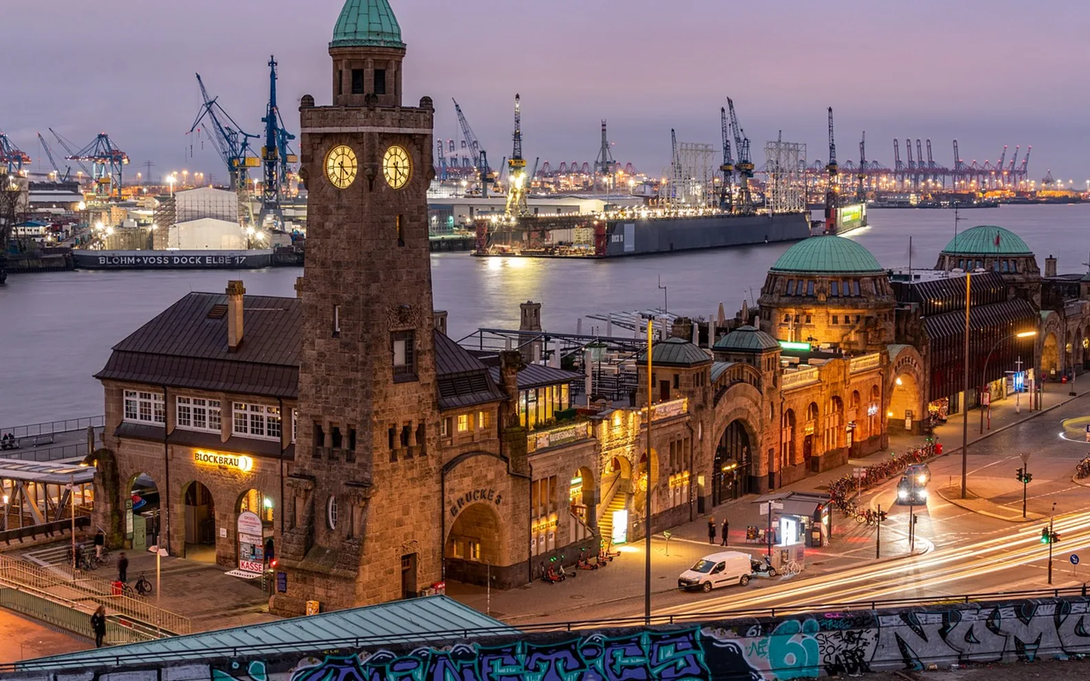 Port, clock tower and hamburg
